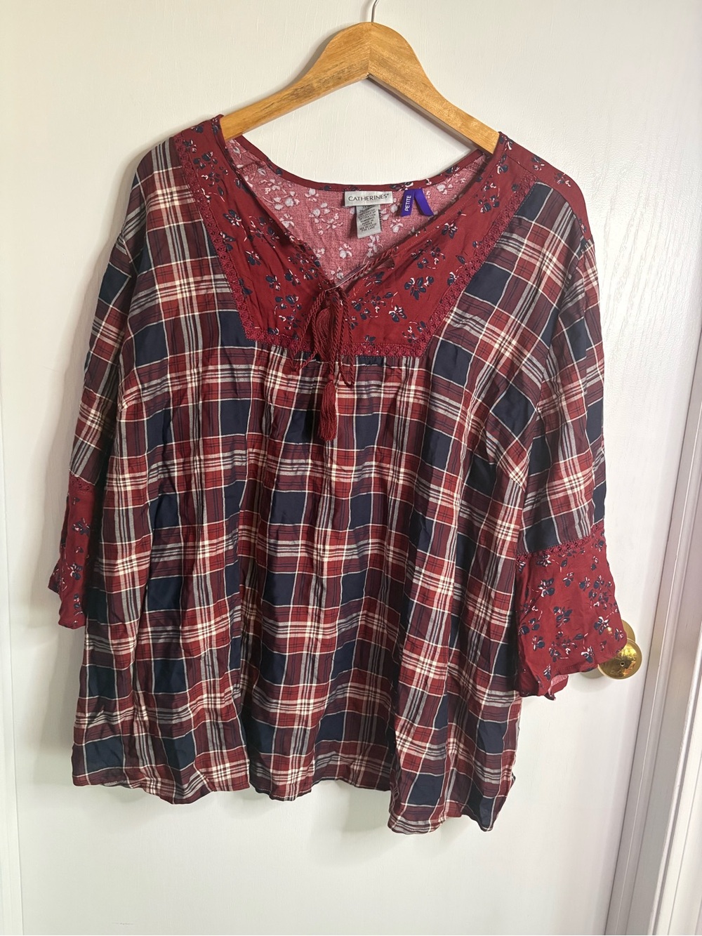 Catherines 3XWP Plaid & Floral Peasant Blouse V-Neck 3/4 Bell Sleeves Boho